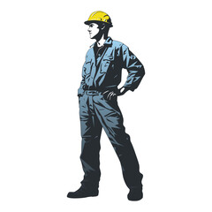 Construction worker poses wearing helmet and blue work overall. Warehouse worker in uniform. Transparent PNG. Retro clipart. Worker silhouette. Abstract vector illustration isolated on white