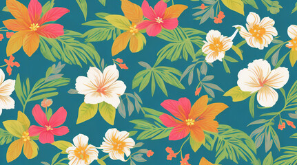 retro aloha pattern with painted leaves and blossoms that exude a natural and exotic feel, capturing the essence of summer in a playful and charming way - Generative AI - obrazy, fototapety, plakaty
