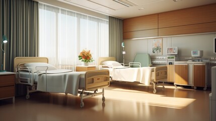 Empty double room in a hospital with two beds. - obrazy, fototapety, plakaty