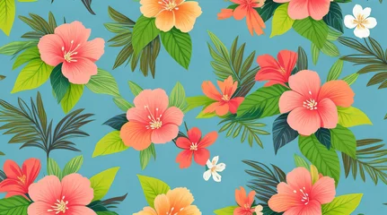 Fotobehang Create a lively and colorful stylish retro aloha pattern with painted leaves and blossoms that exude a natural and exotic feel - Generative AI © Faisal