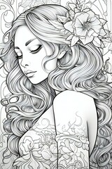 Beautiful girl with flowers in her hair,  Hand-drawn illustration
