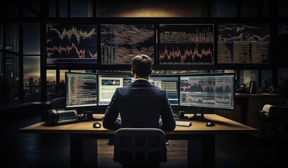 Fototapeta na wymiar businessman analyzing stock market data with multiple computer screens in dark office