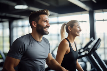 Young couple running on treadmills in modern gym. healthy lifestyle