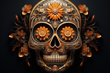 Painting of Day of the Dead Sugar Skull. Gold color on black background. Abstract illustration...
