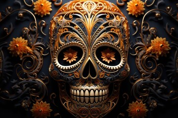 Painting of Day of the Dead Sugar Skull. Gold color on black background. Abstract illustration created with Generative AI technology.