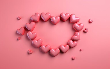 Heart shaped frame formed by little plastic hearts isolated on warm pink background. Valentines day, engagement or wedding party poster. AI Generative