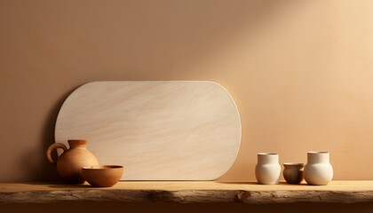 Modern aesthetic kitchen background with cutting board and utensils on shelf against beige wall in minimalist style.