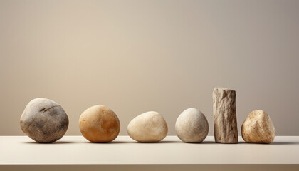 Row of stone pebbles for design and presentation. Spa, zen, meditation and massage minimal trendy concept.