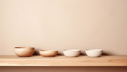 Aesthetic minimalist kitchen shelf with ceramic bowls for modern cooking conceptual background..