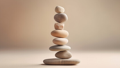 Spa, balance, meditation and zen minimal modern concept. Stack of stone pebbles against beige wall for design and presentation. - Powered by Adobe