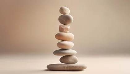  Spa, balance, meditation and zen minimal modern concept. Stack of stone pebbles against beige wall for design and presentation. © juliasudnitskaya