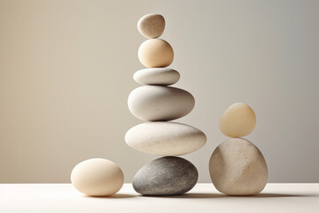 Fototapeta na wymiar Spa, balance, meditation and zen minimal modern concept. Stack of stone pebbles against beige wall for design and presentation.