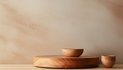 Modern kitchen background with wooden bowls and cutting boards on table against beige wall in conceptual minimalist style.