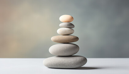 Spa, balance, meditation and zen minimal modern concept. Stack of stone pebbles against beige wall...