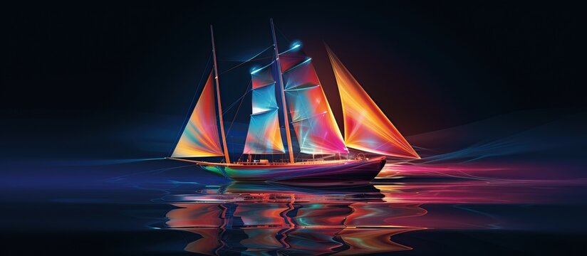 Colorful neon hologram sailboat drawing style. AI generated image