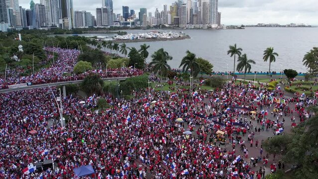 Aerial views from over the protesters on Avenida Balboa protesting against the First Quantum Copper mining contract, downtown Panama City, Panama