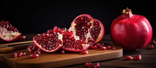 Pomegranate with green leaves on wooden plate, black background.AI generated. AI generated image