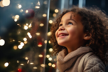 Little girl looking up at the Christmas tree and smiling by Generative AI - obrazy, fototapety, plakaty