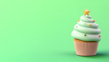 3D illustration of a cupcake in the form of a Christmas tree on a green background - obrazy, fototapety, plakaty