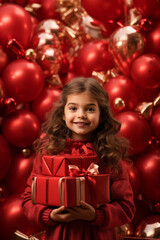 Fototapeta na wymiar Girl with red gifts on a red background on her birthday by Generative AI