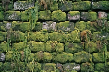 Green moss on the stone wall of a house in Bali, Indonesia