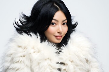 Portrait of a beautiful asian woman in a white fur coat