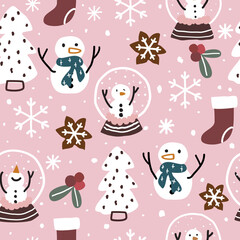Seamless Christmas pattern with Christmas tree,snowman,berries,sock, snow and snowflakes on pink background.