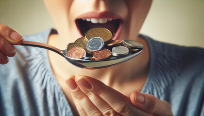 metal spoon feeding coins to mouth, a metaphor for economic consumption - obrazy, fototapety, plakaty