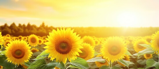 Obraz premium In the background of a beautiful summer day the sun casts its warm rays upon a vast field filled with stunning sunflowers their yellow blossoms shining brightly against the lush green leaves