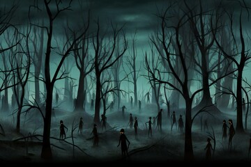 Scary halloween background with zombies and spooky trees