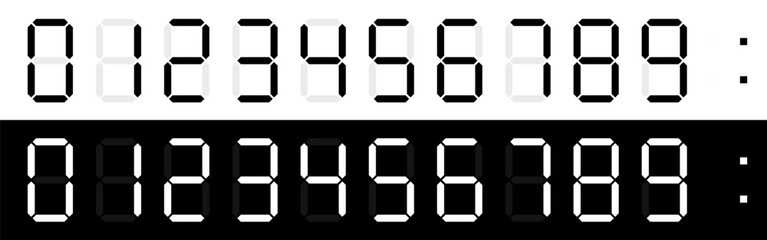 Set of digital clocks. Electronic numbers. Light Digital LED numbers. Black and white.Vector illustration. - obrazy, fototapety, plakaty