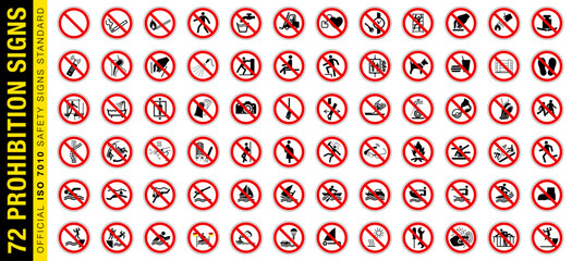 Full set of 72 isolated prohibition symbols on red crossed out circle board warning sign. Official ISO 7010 safety signs standard.