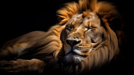 portrait of a sleeping male lion against black background with space for text, AI generated, background image