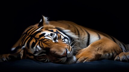 portrait of a sleeping male tiger against black background with space for text, AI generated, background image