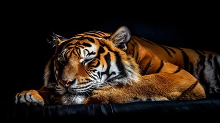 portrait of a sleeping male tiger against black background with space for text, AI generated, background image