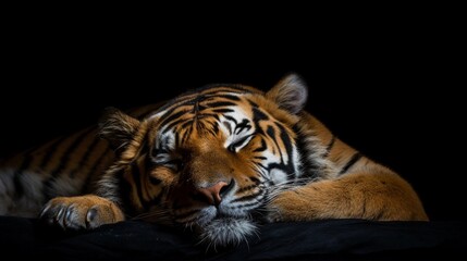 portrait of a sleeping male tiger against black background with space for text, AI generated, background image