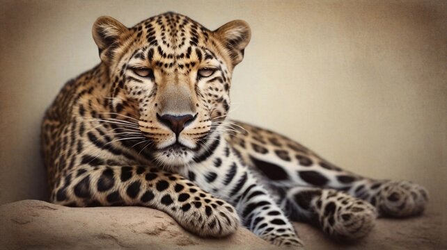 portrait of a sleeping male leopard against textured background with space for text, AI generated, background image