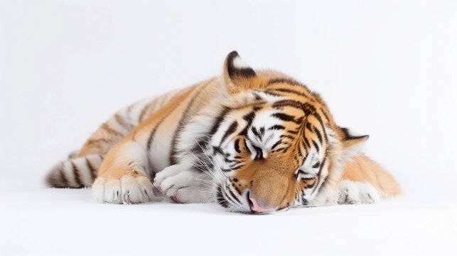 portrait of a sleeping male tiger against white background with space for text, AI generated, background image