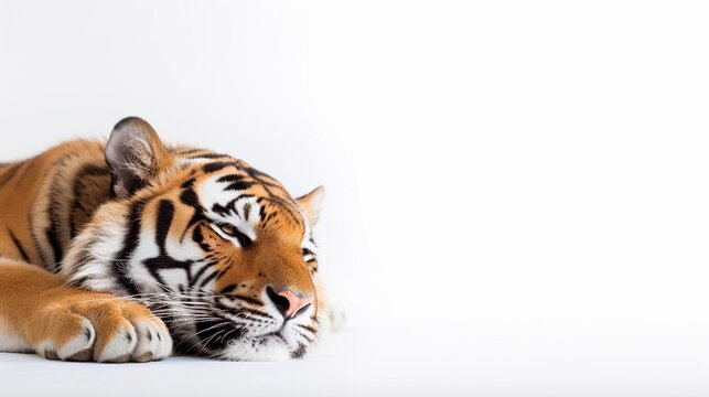 portrait of a sleeping male tiger against white background with space for text, AI generated, background image