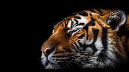Naklejka premium portrait of a sleeping male tiger against black background with space for text, AI generated, background image