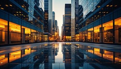 Plakat Spectacular evening view of modern, reflective skyscrapers in a bustling business district