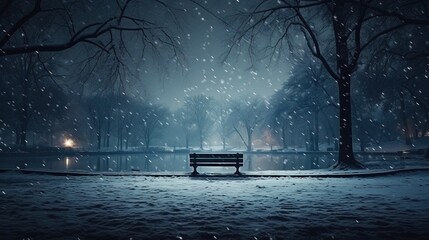 Snowfall in the city park at night in winter. Snow-covered trees illuminated by lanterns in a park near a lake - obrazy, fototapety, plakaty