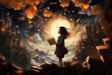 A girl with a book opens up to an unusual fantasy world with castles against the background of mountains at night under the light of the moon