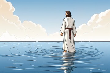 Jesus is walking on water. Drawing, illustration for the children's Bible - obrazy, fototapety, plakaty