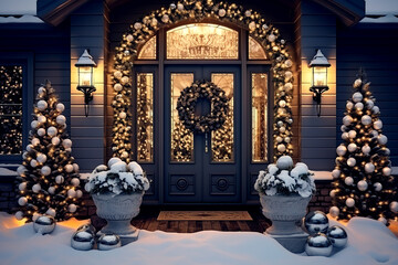 An old classical house decorated with Christmas trees and garlands with toys on Christmas Eve by lantern light