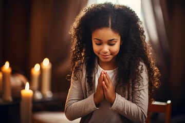 A little black girl prays by candlelight - obrazy, fototapety, plakaty