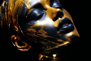 Beautiful woman with golden make-up and bodyart on black background