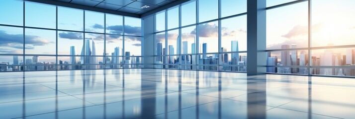 Reflective cityscape with skyscrapers and bustling offices in a vibrant urban setting
