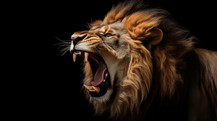 Portrait of a male lion roaring on a black background - obrazy, fototapety, plakaty