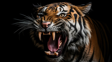 Close-up of a tiger on a black background. 